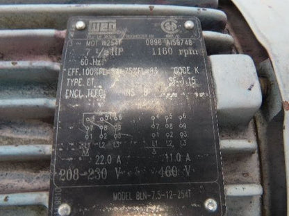 Weg W254T AC Motor 7.5Hp 1160 RPM 230/460V 3PH 254T Severe Duty BLN-7.5-12-254T
