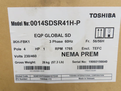 Toshiba EQP Global AC Motor 1Hp 1765 RPM 230/460V 3PH 56 Frame 0014SDSR41H-P
