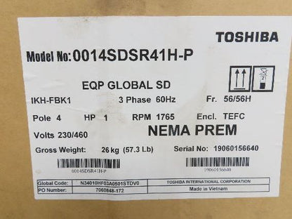 Toshiba EQP Global AC Motor 1Hp 1765 RPM 230/460V 3PH 56 Frame 0014SDSR41H-P