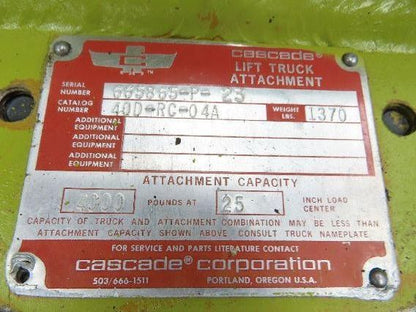 Cascade 40D Paper Roll Clamp 4000LB Fork Lift Truck Clamping Attachment Class 2