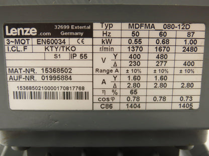 Lenze MDFMA 080-12D AC Motor Discrete Fan Motor 3Ph 480/277v 1670rpm 0.9Hp 80 Fr