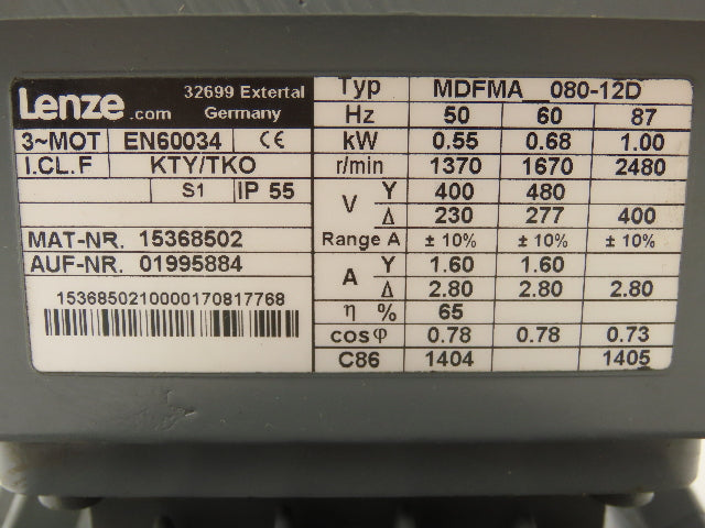 Lenze MDFMA 080-12D AC Motor Discrete Fan Motor 3Ph 480/277v 1670rpm 0.9Hp 80 Fr