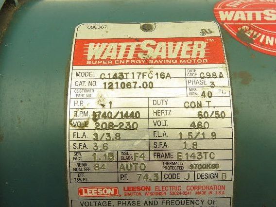 Leeson 121067.00 Gearmotor 10:1 Tigear Reducer 1Hp 230/460V 3PH 143TC LH MR94759