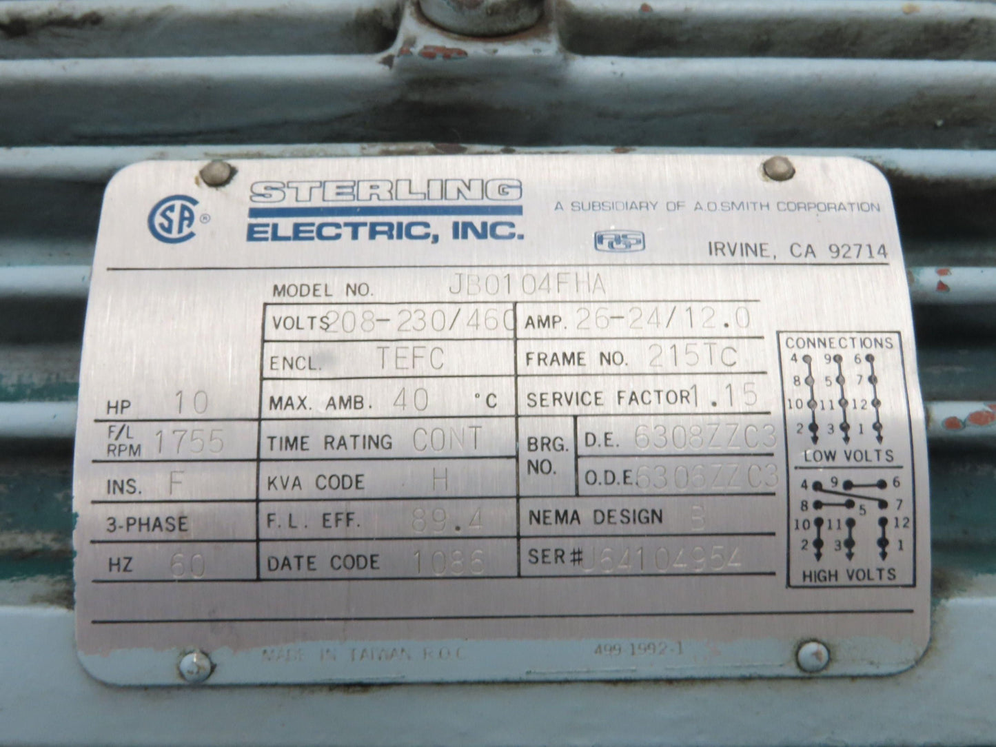 Sterling Electric JB0104FHA Pump Motor Cessna Hydraulic Gear Pump 10Hp 230/460V