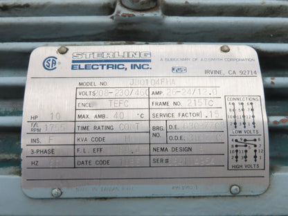 Sterling Electric JB0104FHA Pump Motor Cessna Hydraulic Gear Pump 10Hp 230/460V