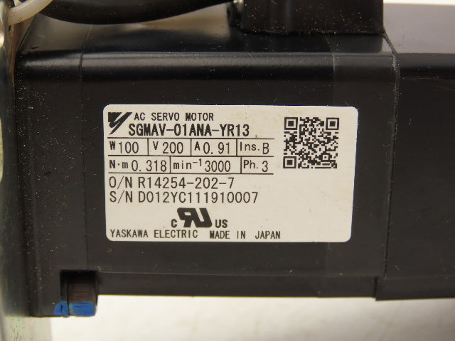 Yaskawa SGMAV-01ANA-YR13 AC Servo Motor 0.318Nm 100W 200vAC 3Ph 3000rpm