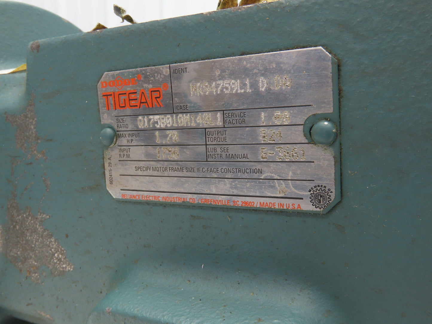 Leeson 121067.00 Gearmotor 10:1 Tigear Reducer 1Hp 230/460V 3PH 143TC RH MR94759