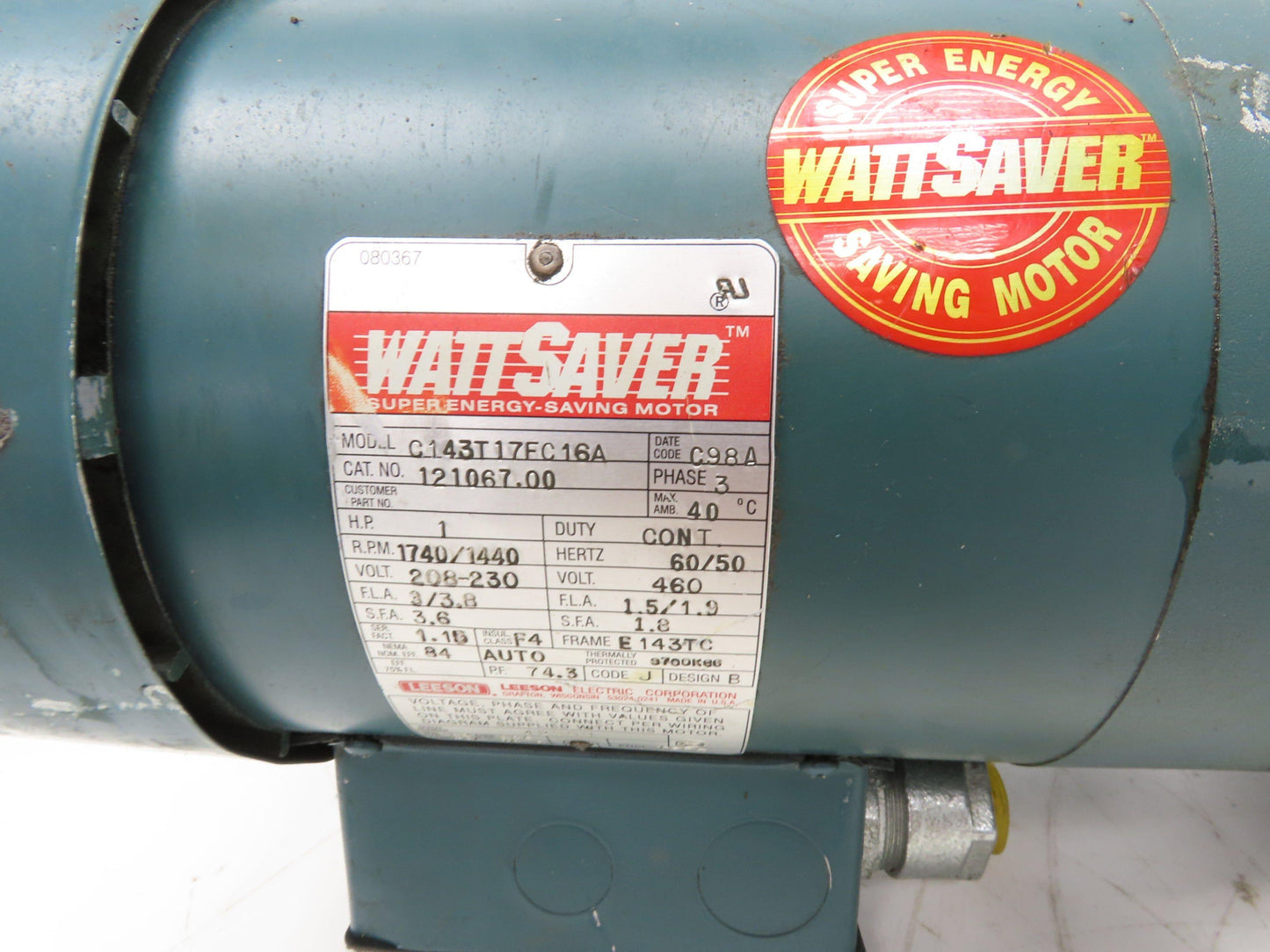 Leeson 121067.00 Gearmotor 10:1 Tigear Reducer 1Hp 230/460V 3PH 143TC RH MR94759