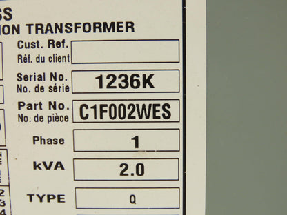 Hammond HPS Fortress C1F002WES Transformer 2kva 120/208/240/277V 1Ph 3R