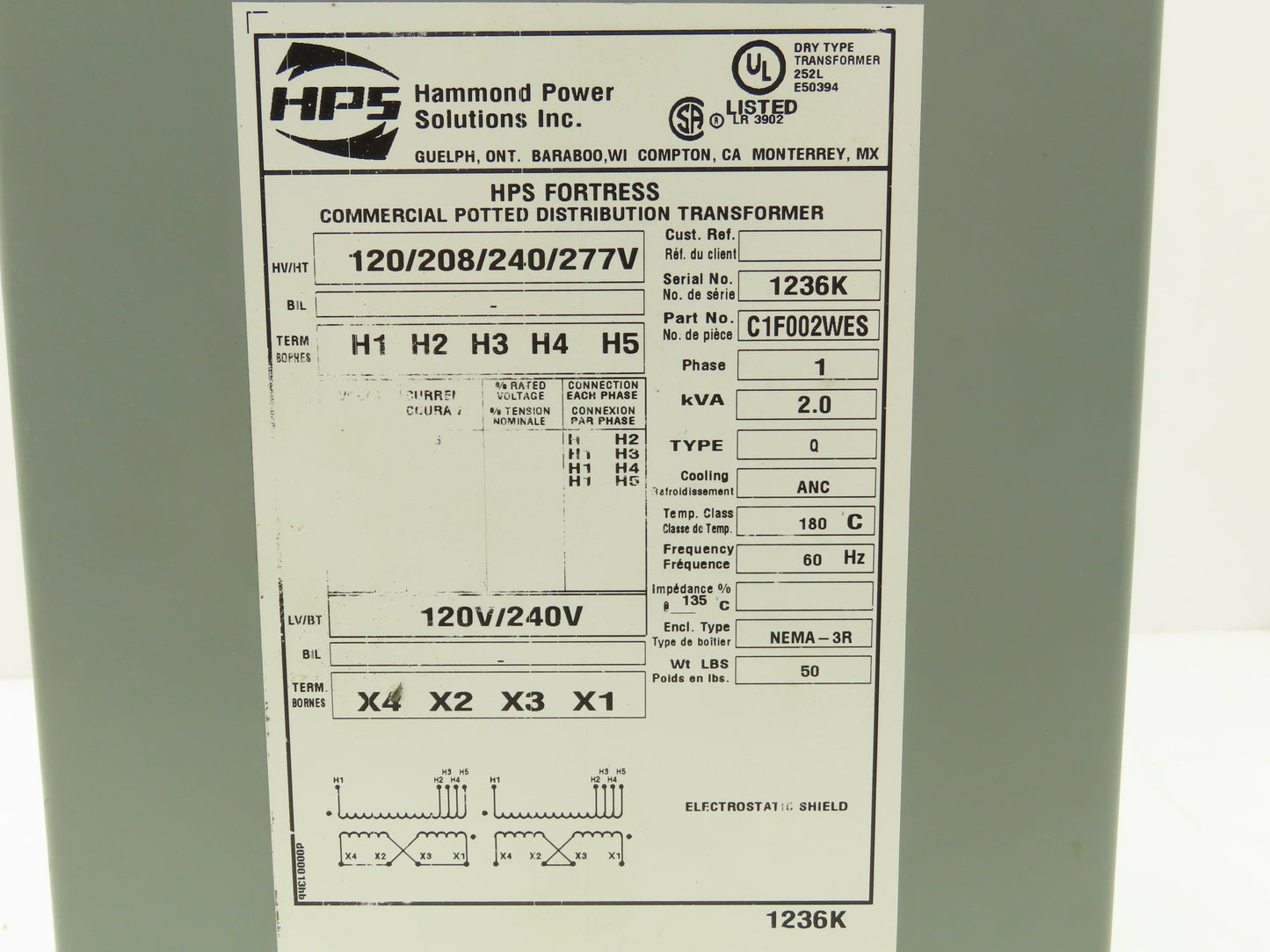 Hammond HPS Fortress C1F002WES Transformer 2kva 120/208/240/277V 1Ph 3R