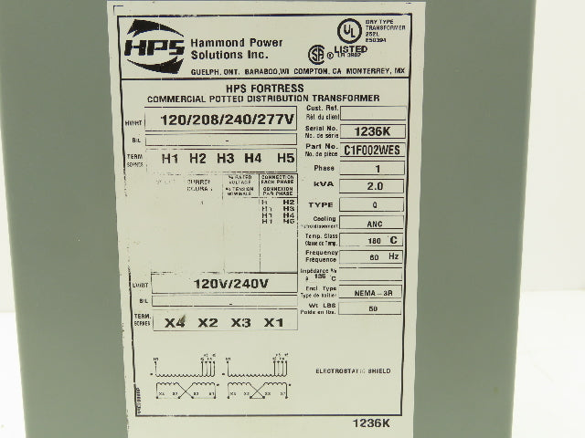 Hammond HPS Fortress C1F002WES Transformer 2kva 120/208/240/277V 1Ph 3R