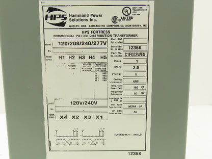 Hammond HPS Fortress C1F002WES Transformer 2kva 120/208/240/277V 1Ph 3R