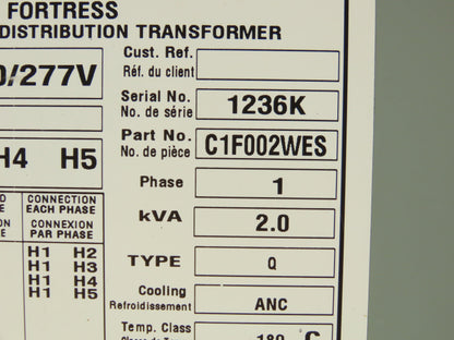 Hammond HPS Fortress C1F002WES Transformer 2kva 120/208/240/277V 1Ph 3R