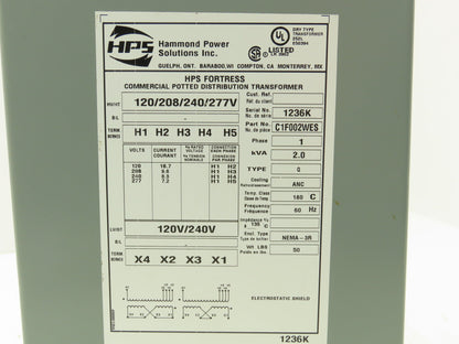 Hammond HPS Fortress C1F002WES Transformer 2kva 120/208/240/277V 1Ph 3R