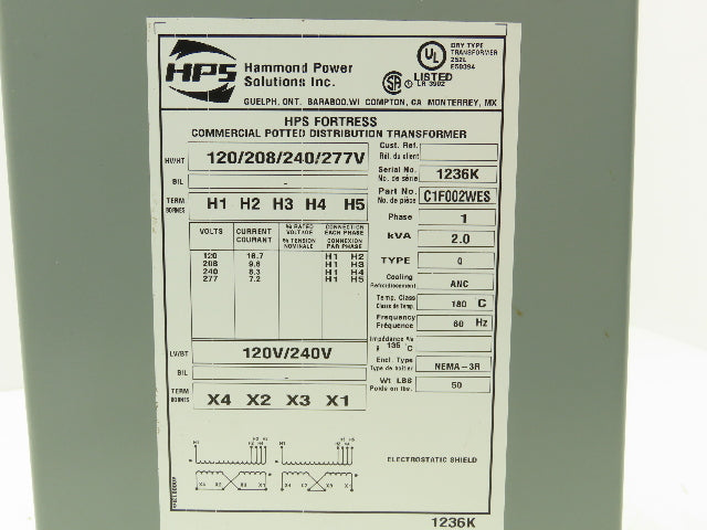 Hammond HPS Fortress C1F002WES Transformer 2kva 120/208/240/277V 1Ph 3R