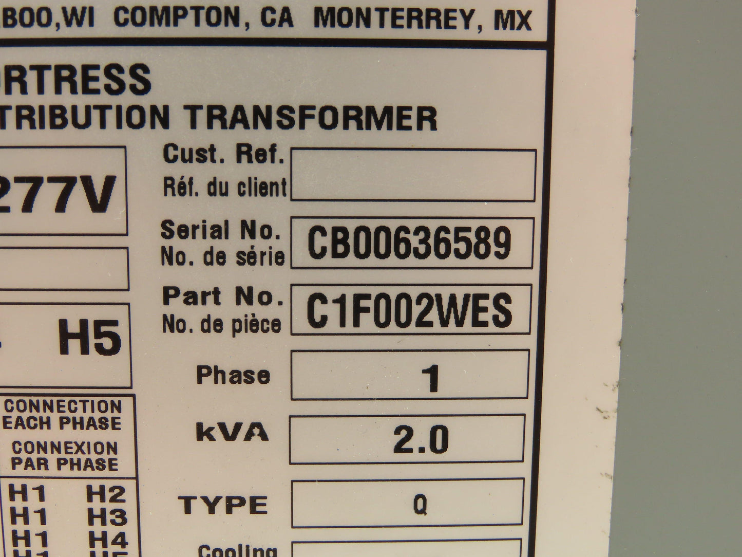 Hammond HPS Fortress C1F002WES Transformer 2kva 120/208/240/277V 1PH 3R