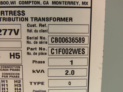 Hammond HPS Fortress C1F002WES Transformer 2kva 120/208/240/277V 1PH 3R