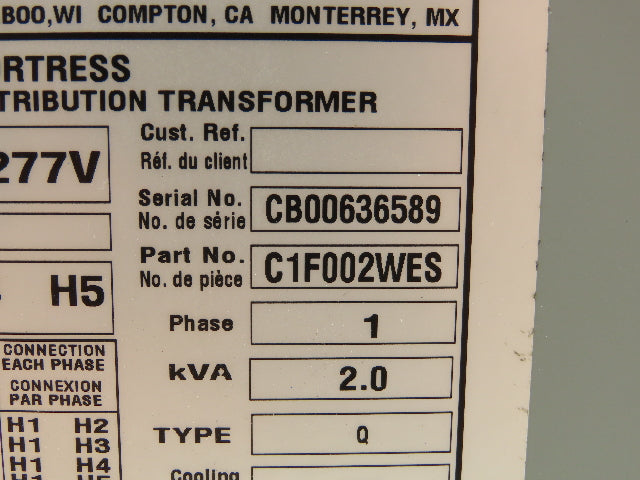 Hammond HPS Fortress C1F002WES Transformer 2kva 120/208/240/277V 1PH 3R