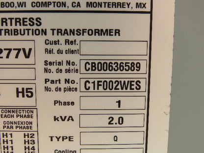 Hammond HPS Fortress C1F002WES Transformer 2kva 120/208/240/277V 1PH 3R