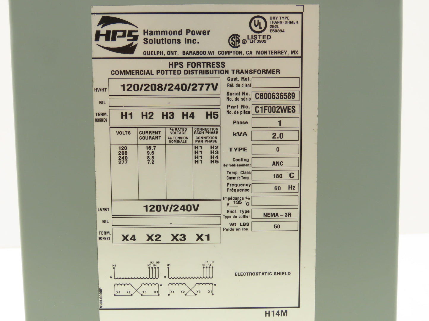 Hammond HPS Fortress C1F002WES Transformer 2kva 120/208/240/277V 1PH 3R
