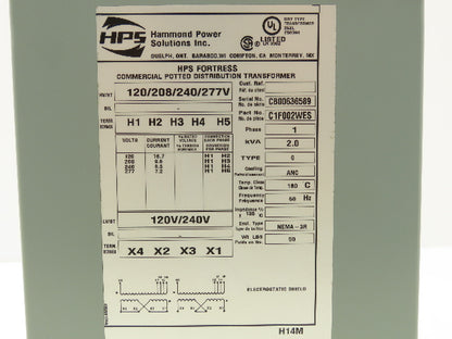 Hammond HPS Fortress C1F002WES Transformer 2kva 120/208/240/277V 1PH 3R