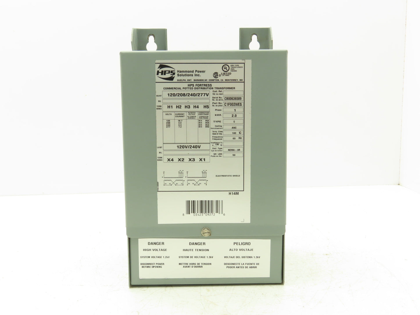 Hammond HPS Fortress C1F002WES Transformer 2kva 120/208/240/277V 1PH 3R