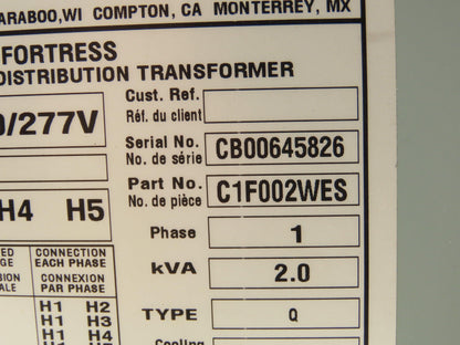 Hammond HPS Fortress C1F002WES Transformer 2kva 120/208/240/277V 1Ph 3R