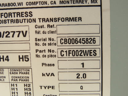 Hammond HPS Fortress C1F002WES Transformer 2kva 120/208/240/277V 1Ph 3R