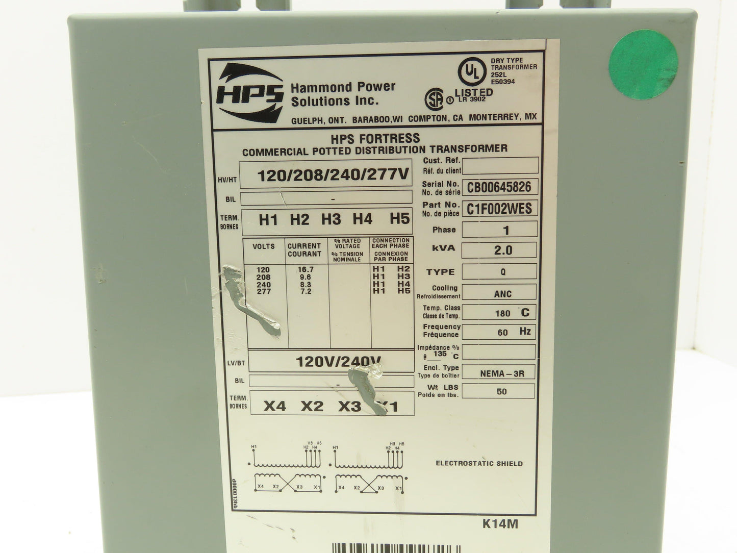 Hammond HPS Fortress C1F002WES Transformer 2kva 120/208/240/277V 1Ph 3R