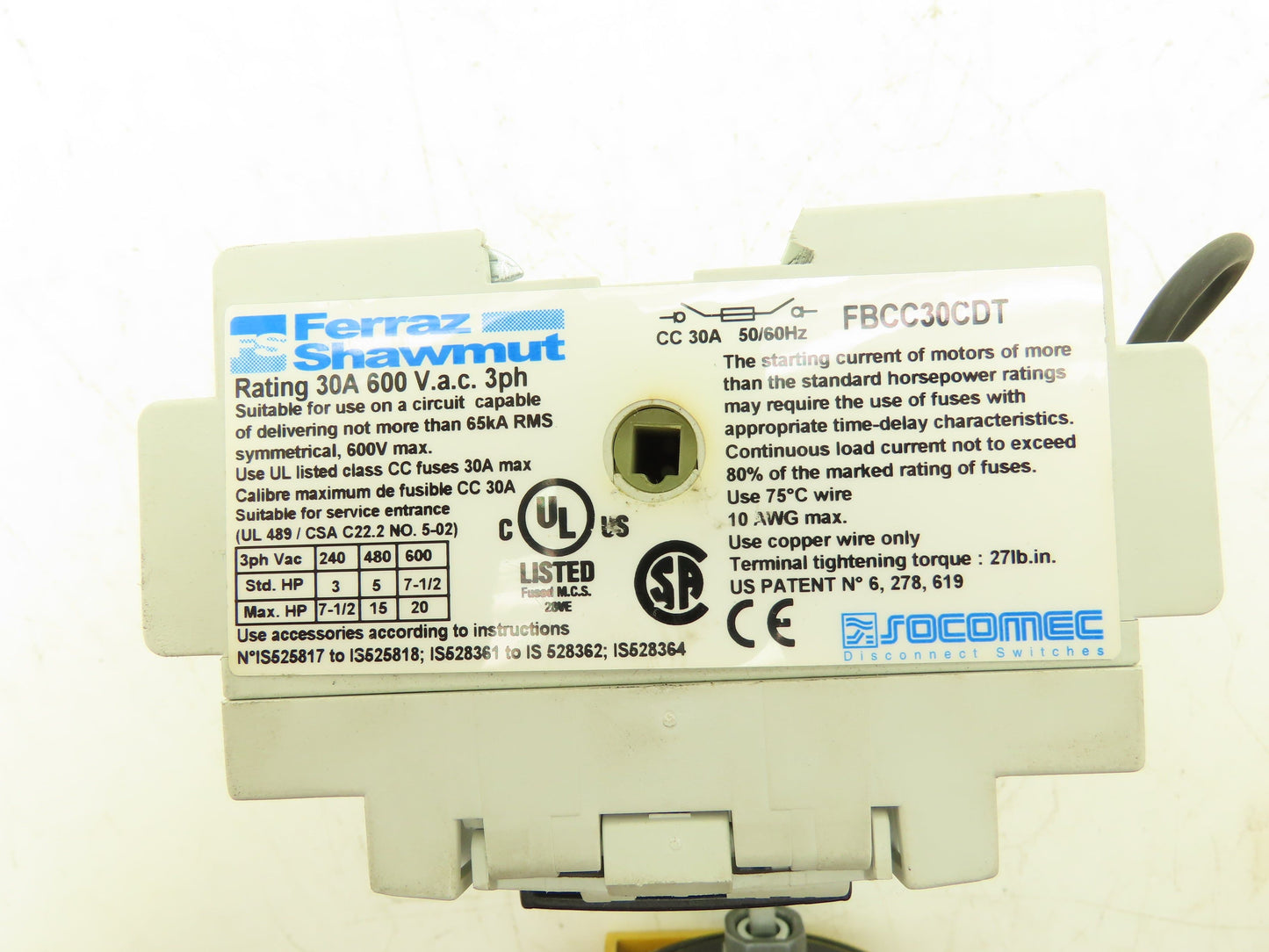 Ferraz Shawmut FBCC30CDT Fusible Disconnect Switch 600V 30A Exterior Handle