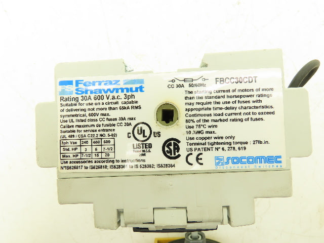 Ferraz Shawmut FBCC30CDT Fusible Disconnect Switch 600V 30A Exterior Handle