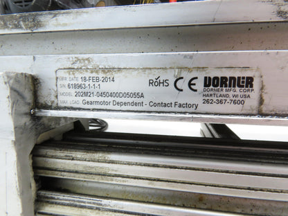 Dorner 2200 Series 21"W x 54"L Flat Belt Conveyor 115V 1PH End Drive 42fpm 530mm