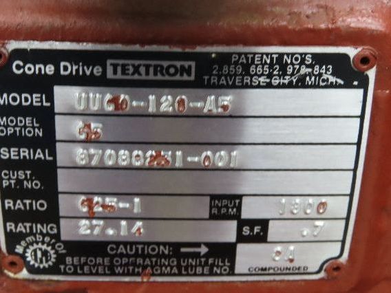 Textron Cone Drive UU60-120 Double Reduction Gearbox 625:1 Speed Reducer 2.88RPM
