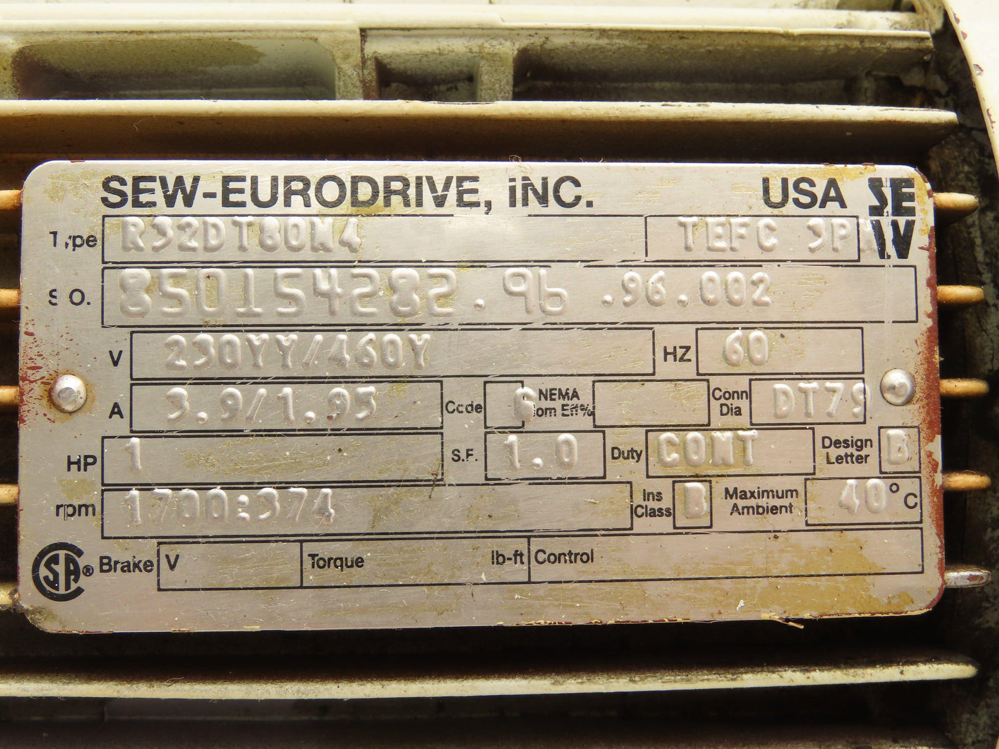 SEW Eurodrive R32DT80N4 Inline Gear Motor 4.5:1 Reducer 1Hp 230/460V 3Ph 374 RPM