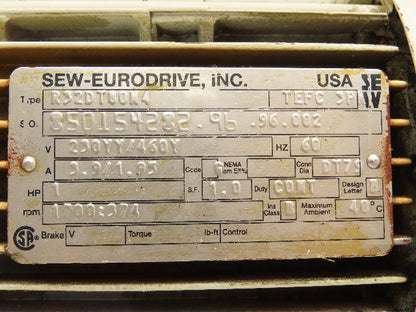 SEW Eurodrive R32DT80N4 Inline Gear Motor 4.5:1 Reducer 1Hp 230/460V 3Ph 374 RPM