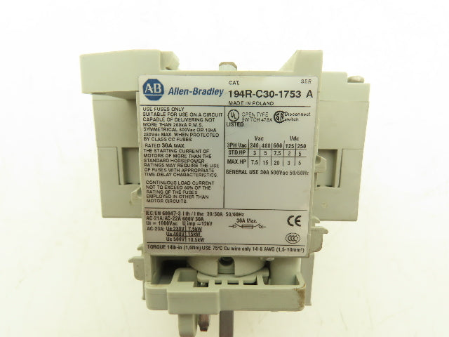 Allen Bradley 194R-C30-1753 Fused Disconnect Switch 3-Pole 30A 600VAC Ser A