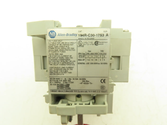 Allen Bradley 194R-C30-1753 Fused Disconnect Switch 3-Pole 30A 600VAC Ser A