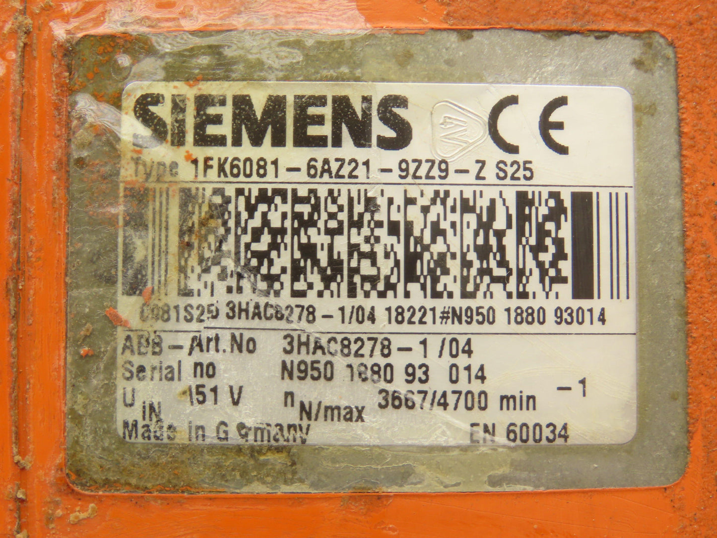 Siemens 3HAC8278 | 1FK6081-6AZ21-9ZZ9-Z AC Servo Motor 4700rpm 151v 20T Gear