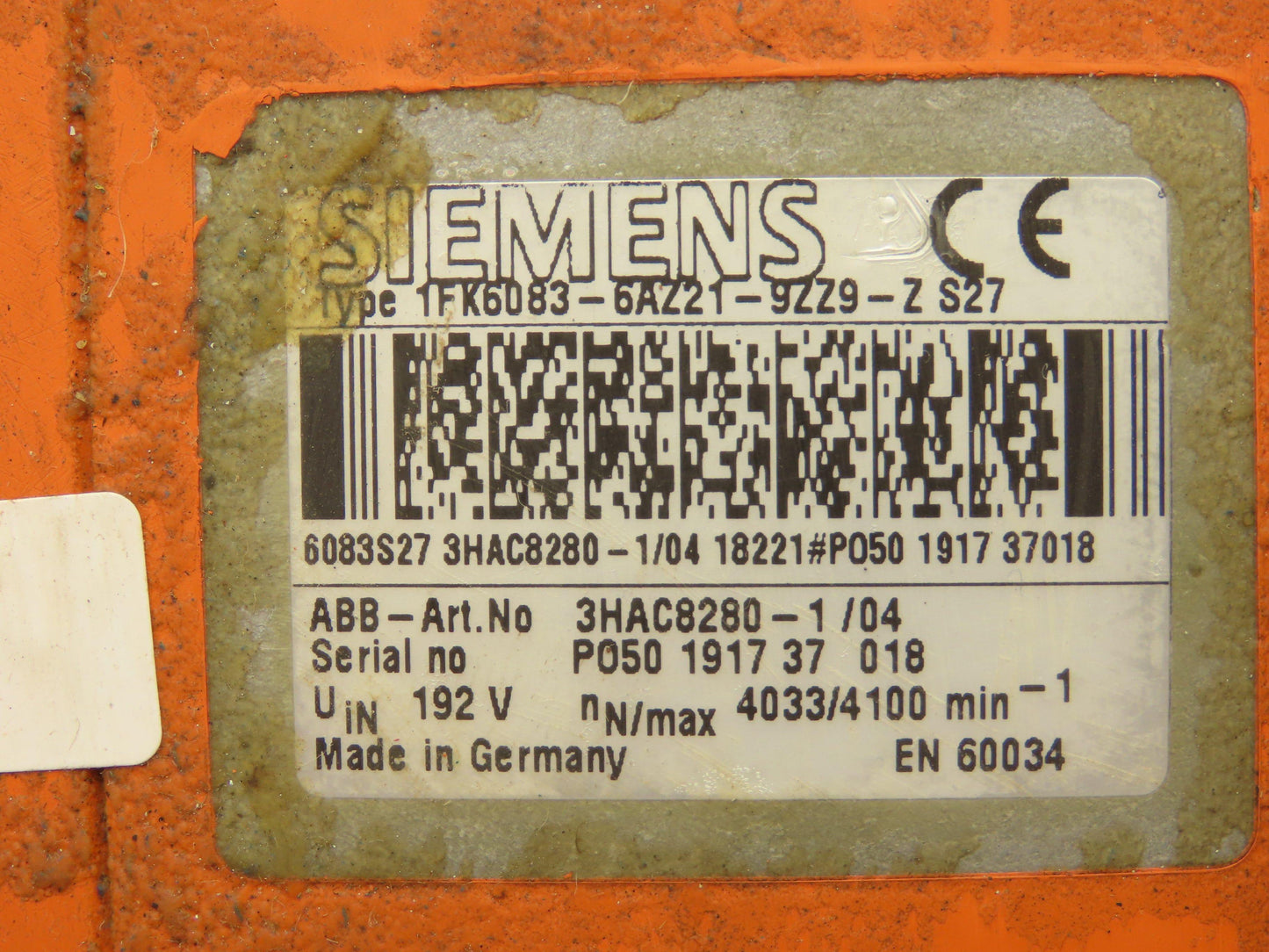Siemens 3HAC8280  AC Servo Motor 4100rpm 192V 1FK6083-6AZ21-9ZZ9-Z
