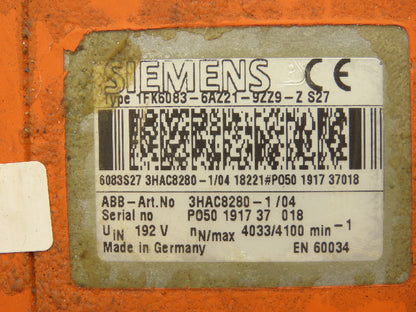 Siemens 3HAC8280  AC Servo Motor 4100rpm 192V 1FK6083-6AZ21-9ZZ9-Z