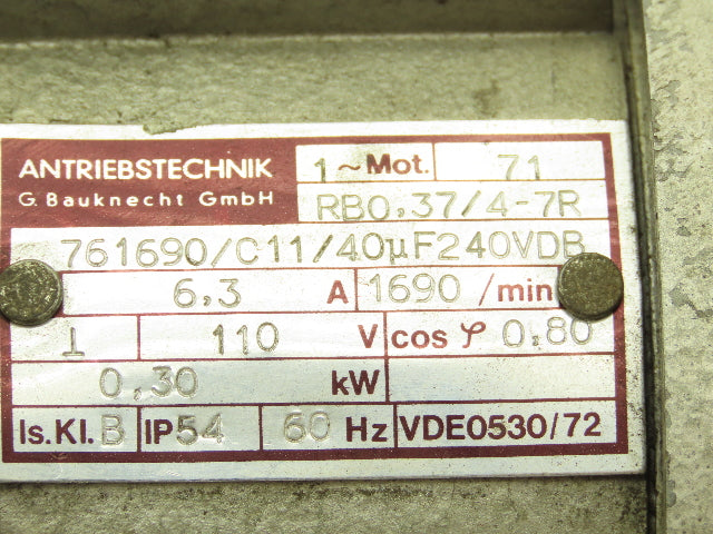 Antriebstechnik RB0,37/4-7R Metric AC Motor 0.3kw 1690rpm 110V 1PH IEC 71 Frame