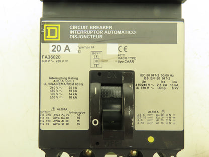 Square D FA34020 I-Line Circuit Breaker 20A 600V 3P 3PH 20 AMP 600 Volt Gray