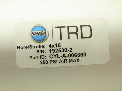 TRD Bimba Pneumatic Air Cylinder 4" Bore 15" Stroke 250 PSI Bottom Tapped