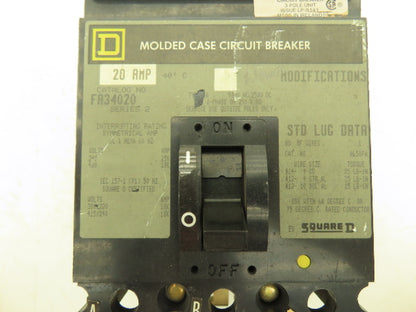 Square D FA34020 I-Line Circuit Breaker 20A 600V 3P 3PH 20 AMP 600 Volt Gray