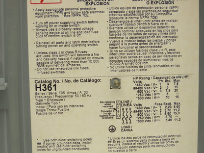 Square D H361 Fusible Heavy Duty Safety Disconnect Switch 30A 600VAC F05