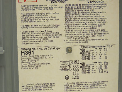 Square D H361 Fusible Heavy Duty Safety Disconnect Switch 30A 600VAC F05