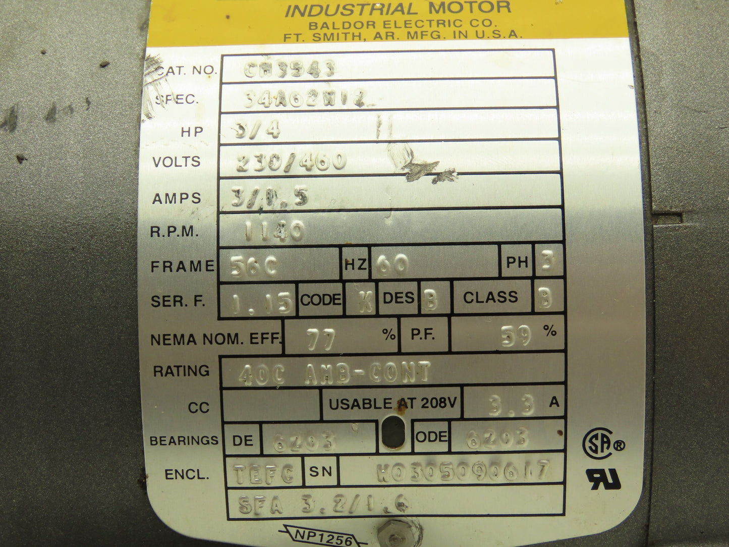 Baldor CM3543 AC Motor 3/4Hp 1140rpm 230/460V 3PH 56C Face TEFC