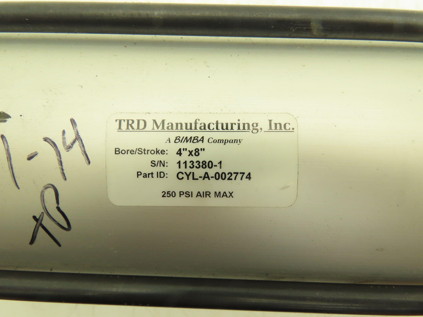 TRD Bimba Pneumatic Air Cylinder 4" Bore 8" Stroke 250 PSI Bottom Tapped