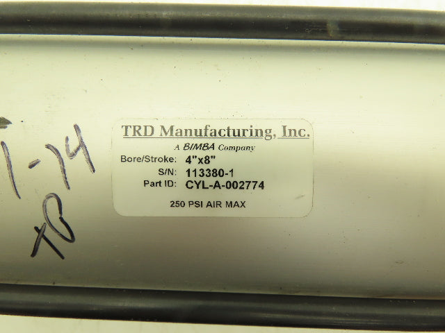 TRD Bimba Pneumatic Air Cylinder 4" Bore 8" Stroke 250 PSI Bottom Tapped