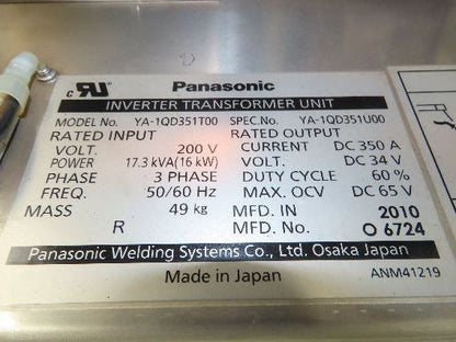 Panasonic YA-1QD351T00 Inverter Transformer Unit 16kW 200vAC In 34vDC 350A Out